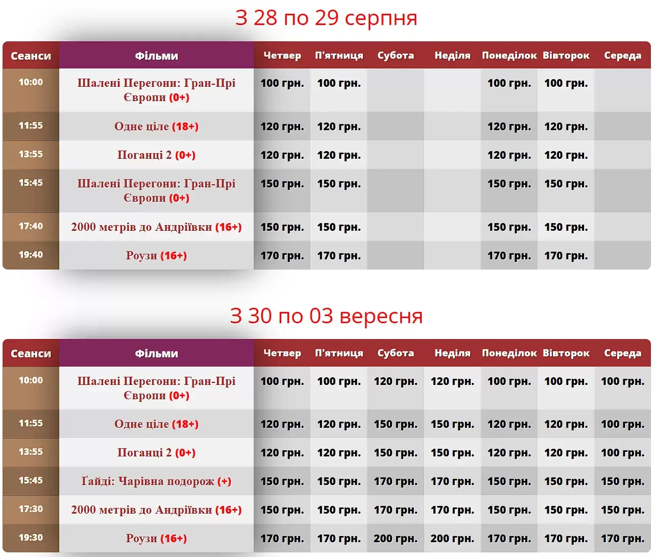 сеанси кінотеатра Дружба