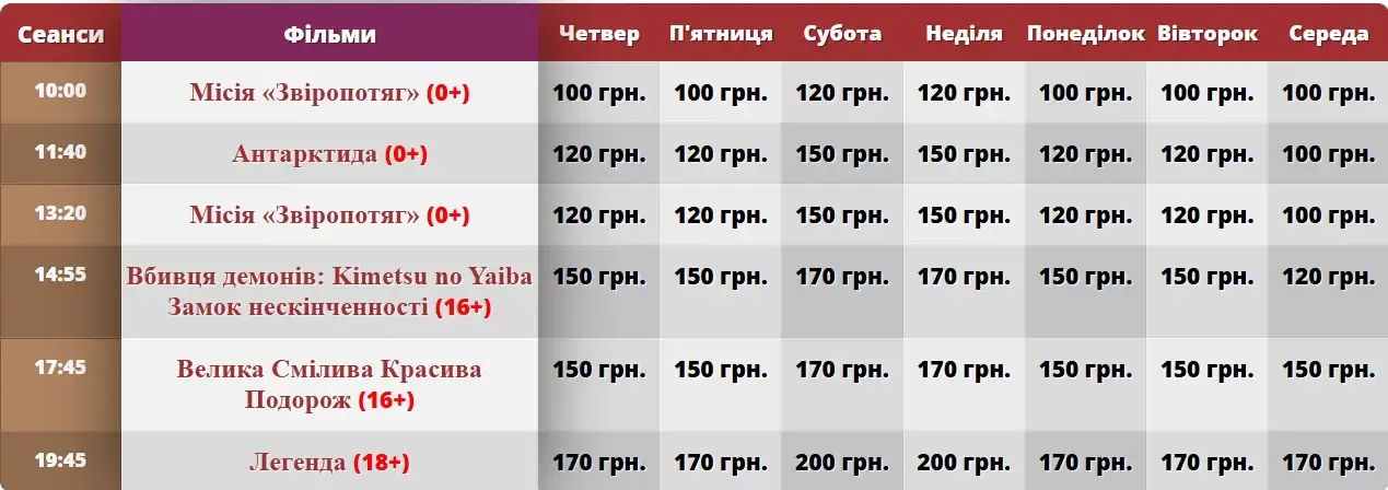 сеанси кінотеатра Дружба