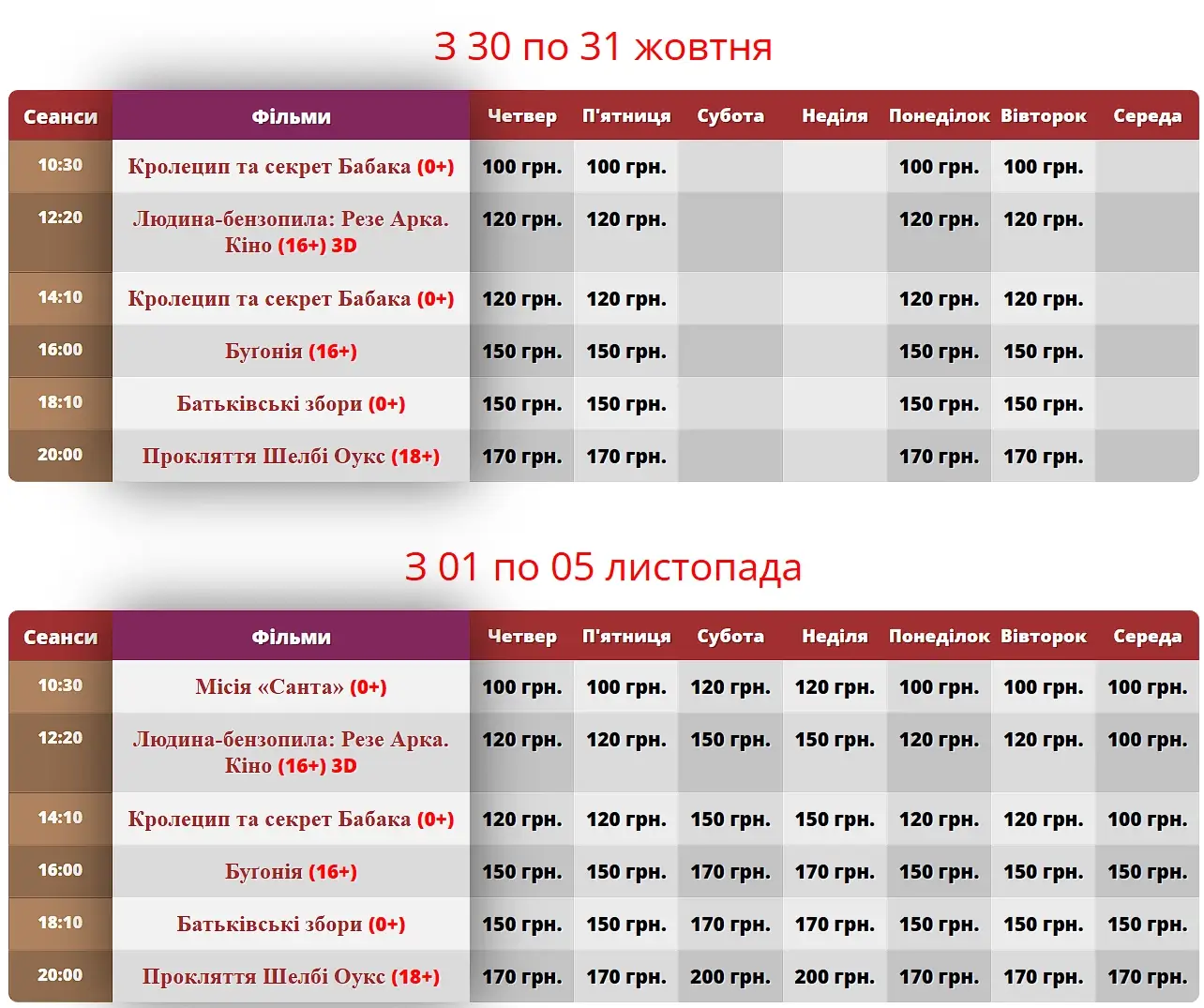 сеанси кінотеатра Дружба