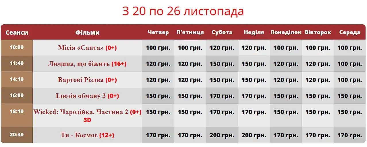 сеанси кінотеатра Дружба