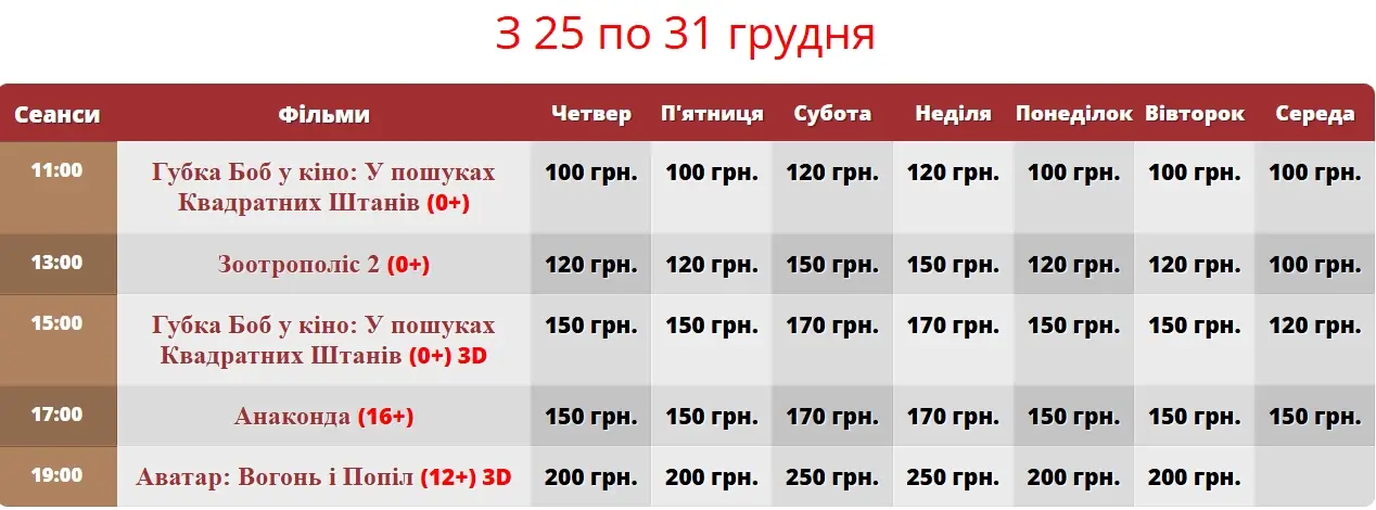 сеанси кінотеатра Дружба