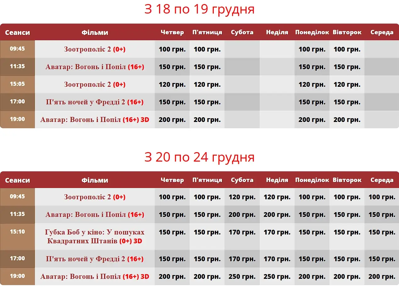 сеанси кінотеатра Дружба