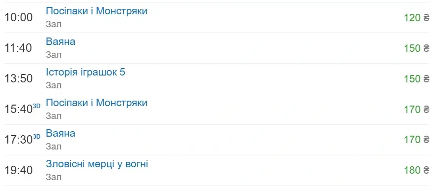 сеанси кінотеатра Дружба